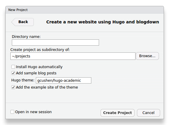 Escolha do diretório do projeto e tema da página da Internet usando blogdown no RStudio.